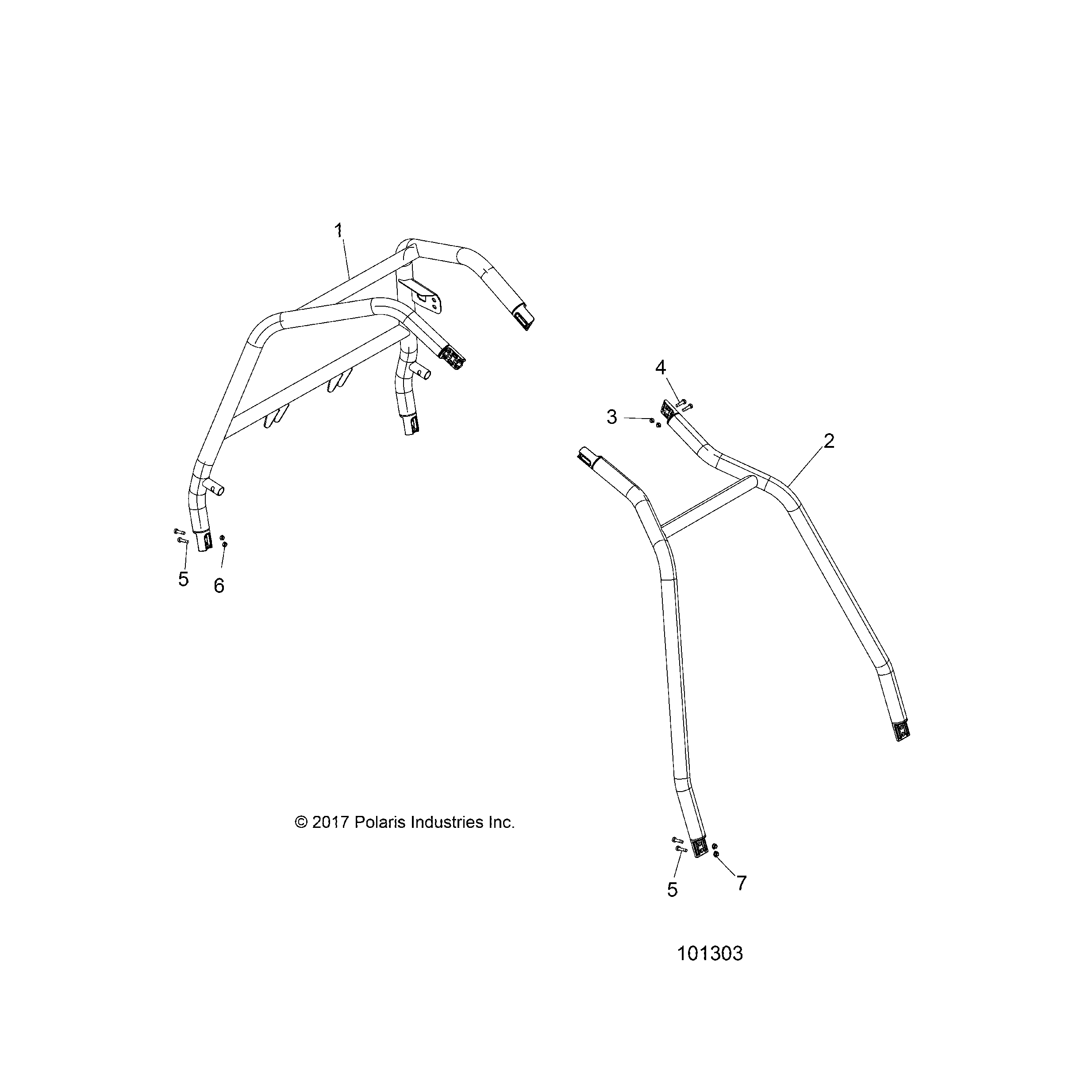 An Image of a Genuine Polaris Parts Schematic Diagram showing the schematic - CHASSIS: CAB FRAME AND SIDE BARS - 2019 POLARIS ACE 900 EPS XC