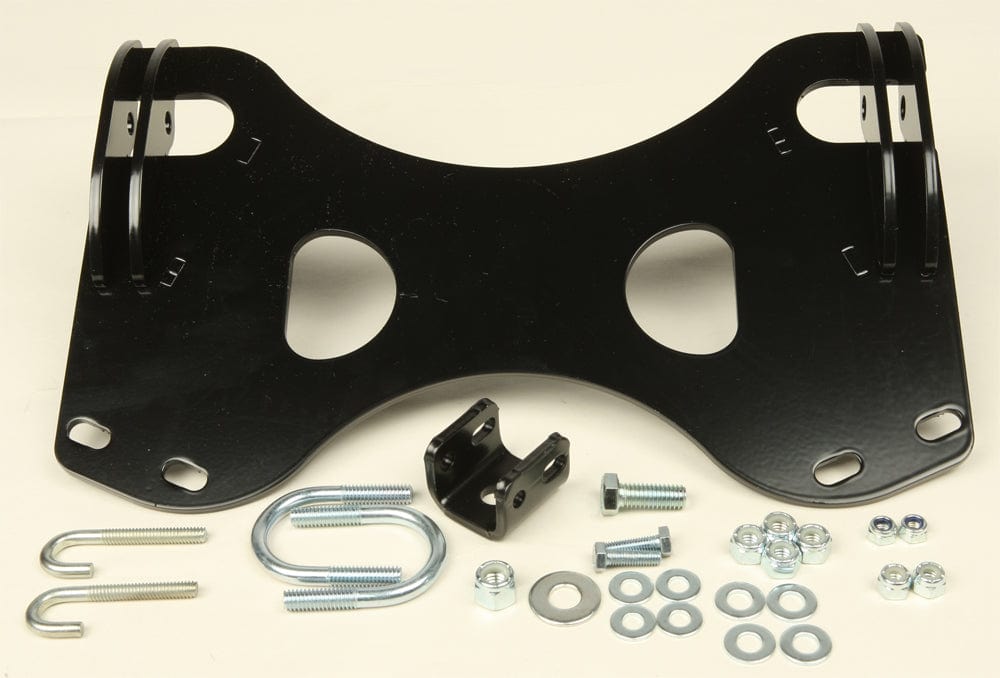 The Sazuki ATV Provantage Center Snow Plow Mounting Kit by Warn is a black metal bracket with multiple holes, ideal for ATV plowing, and includes U-bolts, screws, nuts, washers, and a small bracket displayed on a light surface.
