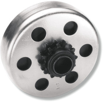 The 4 Clutch 12 tooth #35 3/4 by Comet features a round silver metal body with six evenly spaced holes and a central black hub, designed as a centrifugal sprocket clutch for smooth, maintenance-free performance.