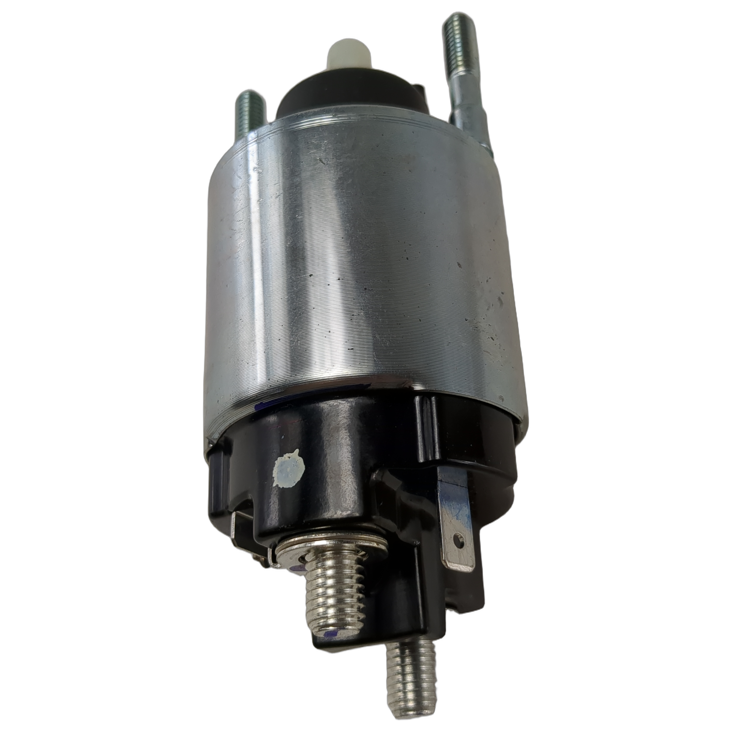 Metallic cylindrical switch with black plastic base and threaded terminals.