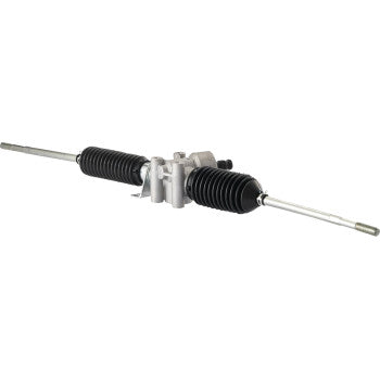 The Steering Rack by Moose Offroad features metal rods with tie-rod ends on both sides and black rubber boots at the joints, shown against a white background.