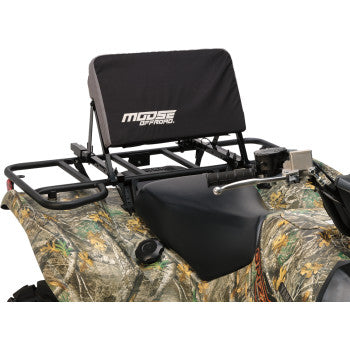 Black padded ATV backrest with white Moose logo, mounted on metal frame over camo-patterned ATV seat.