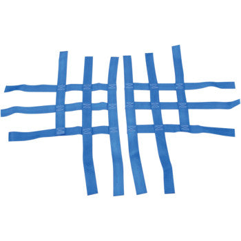 The Polaris - Yamaha - Suzuki - Nerf Bar Net Blue by Motorsport Products features a nylon webbing grid with interwoven straps in a square mesh pattern, designed for EZ-Fit Nerf Bars and ideal as a practical Nerf Bar accessory.