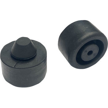 Cushions 2 Pack by K&S Technologies: Set of 2 OEM replacement black rubber cylindrical cushions—one with a conical protrusion, the other with a recessed center—designed to absorb impact.