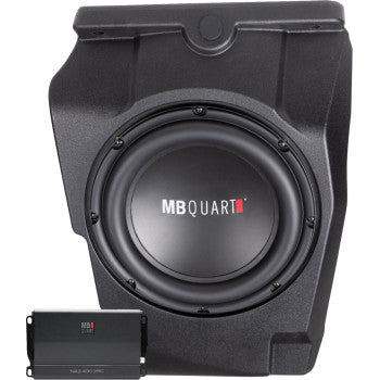 A black Polaris Subwoofer Amplifier by MB Quart in an enclosure, displaying the white-and-red MB Quart logo on the cone, with a matching 400W Class-D amplifier beside it.