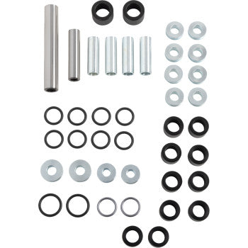 The Suspension Kit Rear by Moose Offroad, featuring metal cylinders, circular washers, and rubber rings for A-arm or rear suspension repair, is neatly arranged in rows on a white background.
