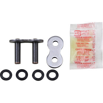 The 525 Max O Connecting Link Rivet by Rk includes a replacement link, two metal plates, four black O-rings, and chain grease, all displayed on a white background.