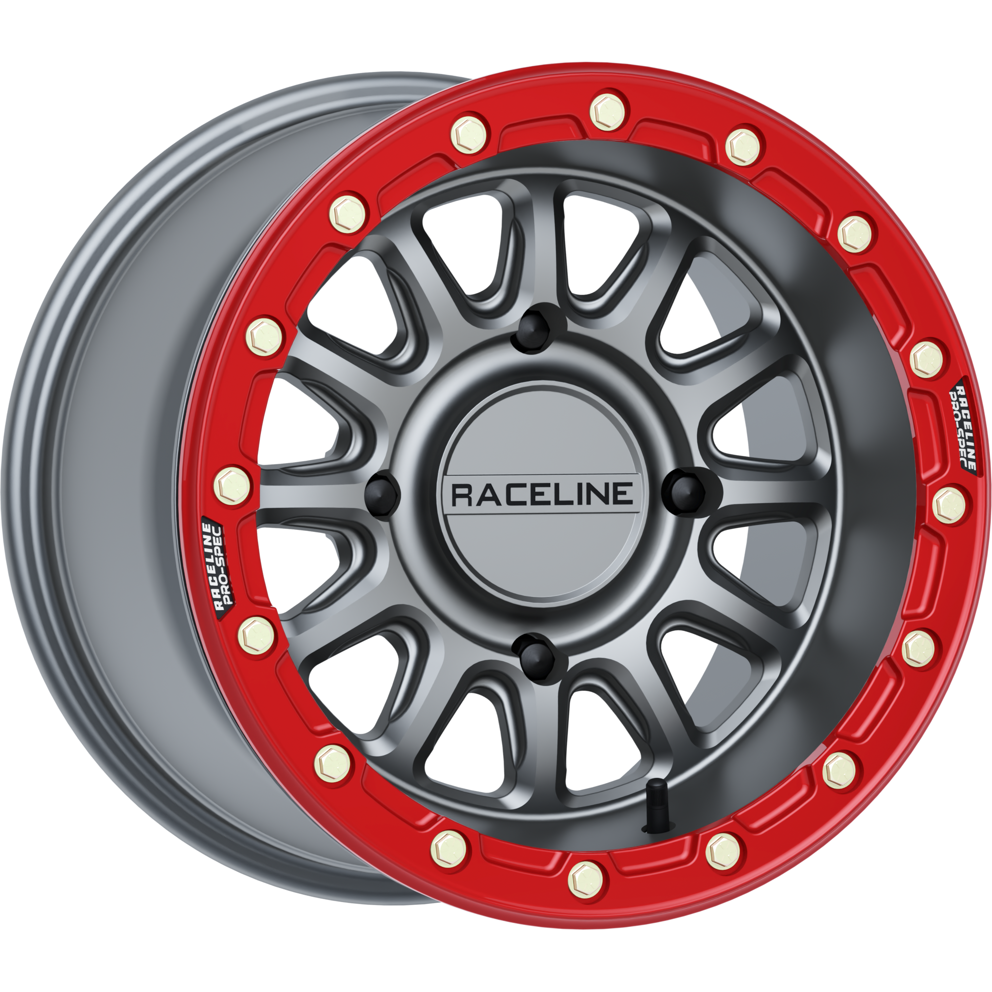 15x7 gunmetal ATV wheel with red beadlock-style ring and Raceline branding.