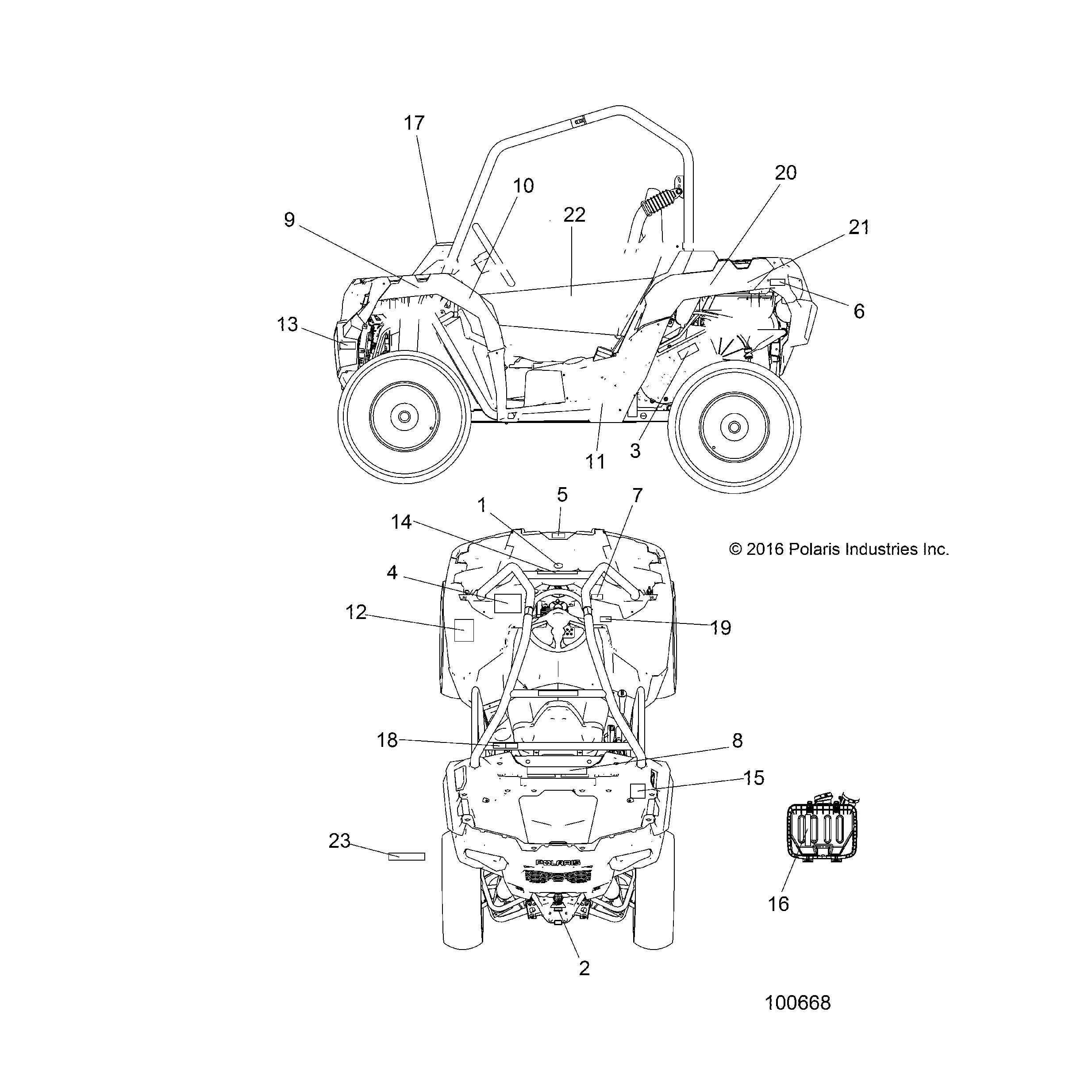 An Image of a Genuine Polaris Parts Schematic Diagram showing the schematic - BODY: DECALS - 2017 POLARIS ACE 900 EPS XC