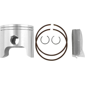 Silver aluminum ATV piston with matching dark metal piston rings and two small circular clips arranged on a white background.