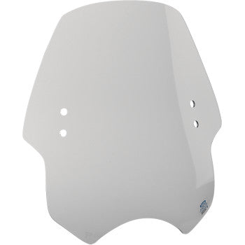 The Hellcat Windshield - Solar by Memphis Shades features a slightly curved, transparent design with four round mounting holes (two per side) and a small logo in the bottom right corner.