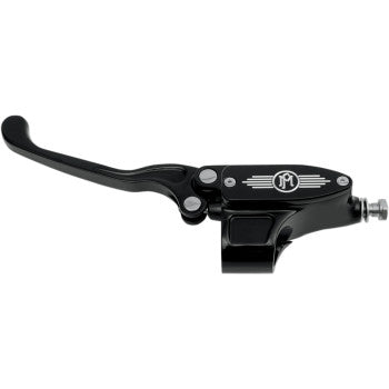 Black aluminum clutch master cylinder with smooth lever and silver Performance Machine logo.