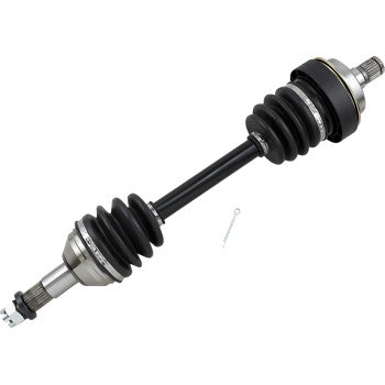 Black metal CV axle shaft with silver joint ends and protective accordion-style rubber boots, includes small metal pin.