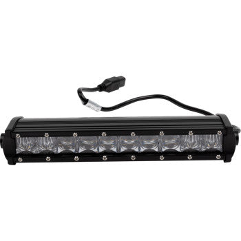 The 12" LED Light Bar Amber by Moose Offroad features a black rectangular waterproof design, multiple clear lens sections, mounting screws, and an attached power cord—perfect for dependable outdoor hunting and fishing illumination.