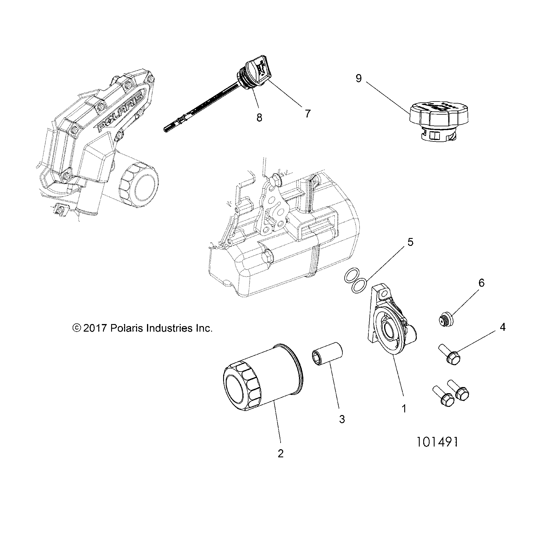 An Image of a Genuine Polaris Parts Schematic Diagram showing the schematic - ENGINE: OIL FILTER and DIPSTICK - 2018 POLARIS ACE 500 SOHC