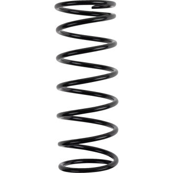 Black metal coil spring with consistent thickness and tight, even spacing between coils.