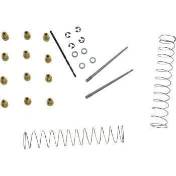Brass jet nozzles with silver washers, clips, two metal rods, and two coiled springs on white background.