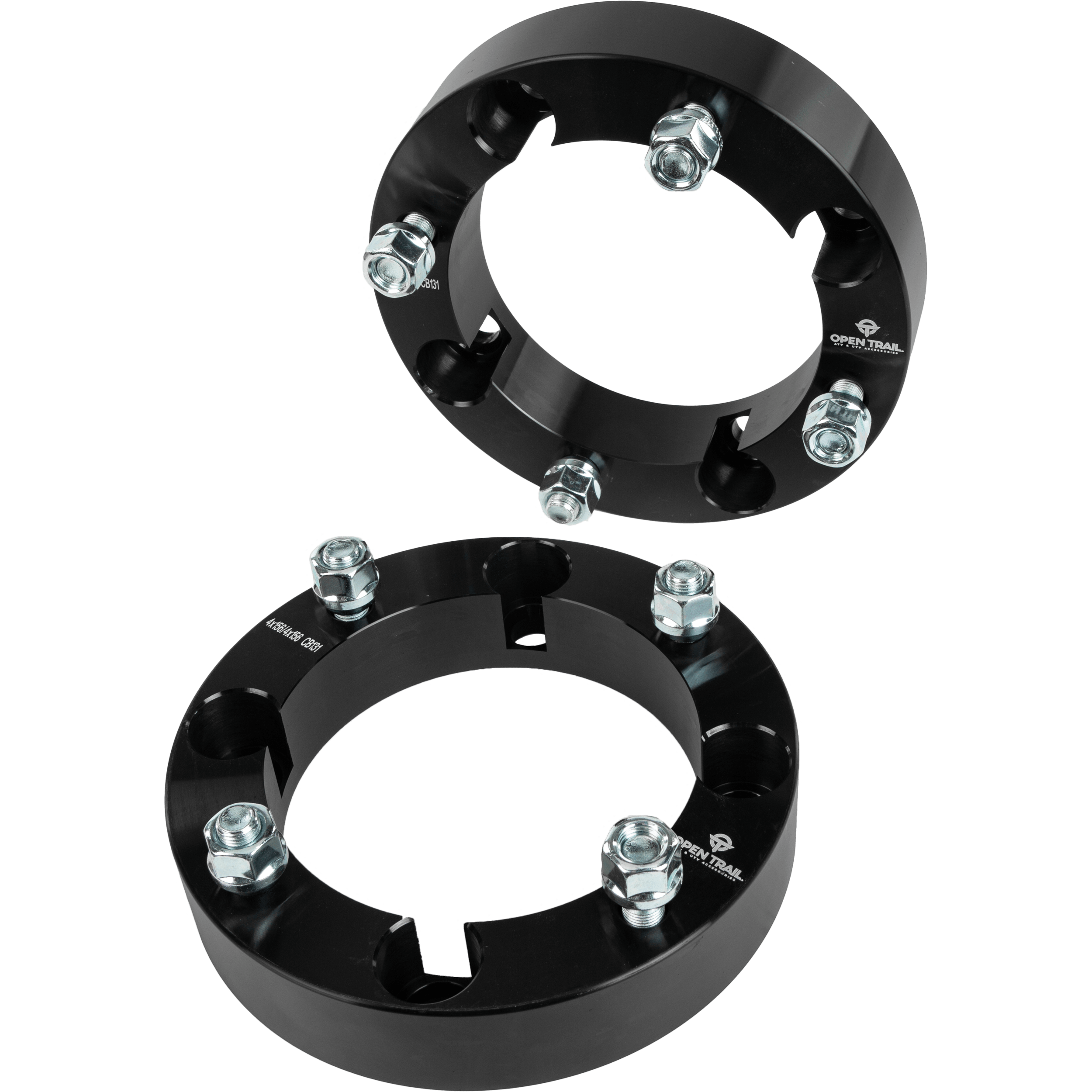 Black anodized aluminum 1.5-inch wheel spacer set with five silver lug studs and open slots.