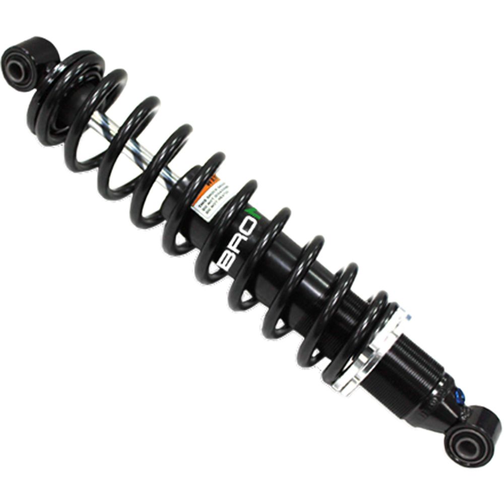 A close-up of the Yamha Grizzly FI 4WD UTV/ATV Front Gas Shock by Bronco, a black coil spring shock absorber with a central metal rod and adjustment rings, designed for ATV suspension systems.