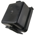 Black rectangular plastic fuse cover with snap-on latch and smooth surface.