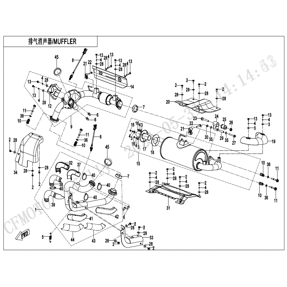 An Image of a Genuine CFMOTO Parts Schematic Diagram showing the schematic - MUFFLER - 2022 CFMOTO UFORCE 1000