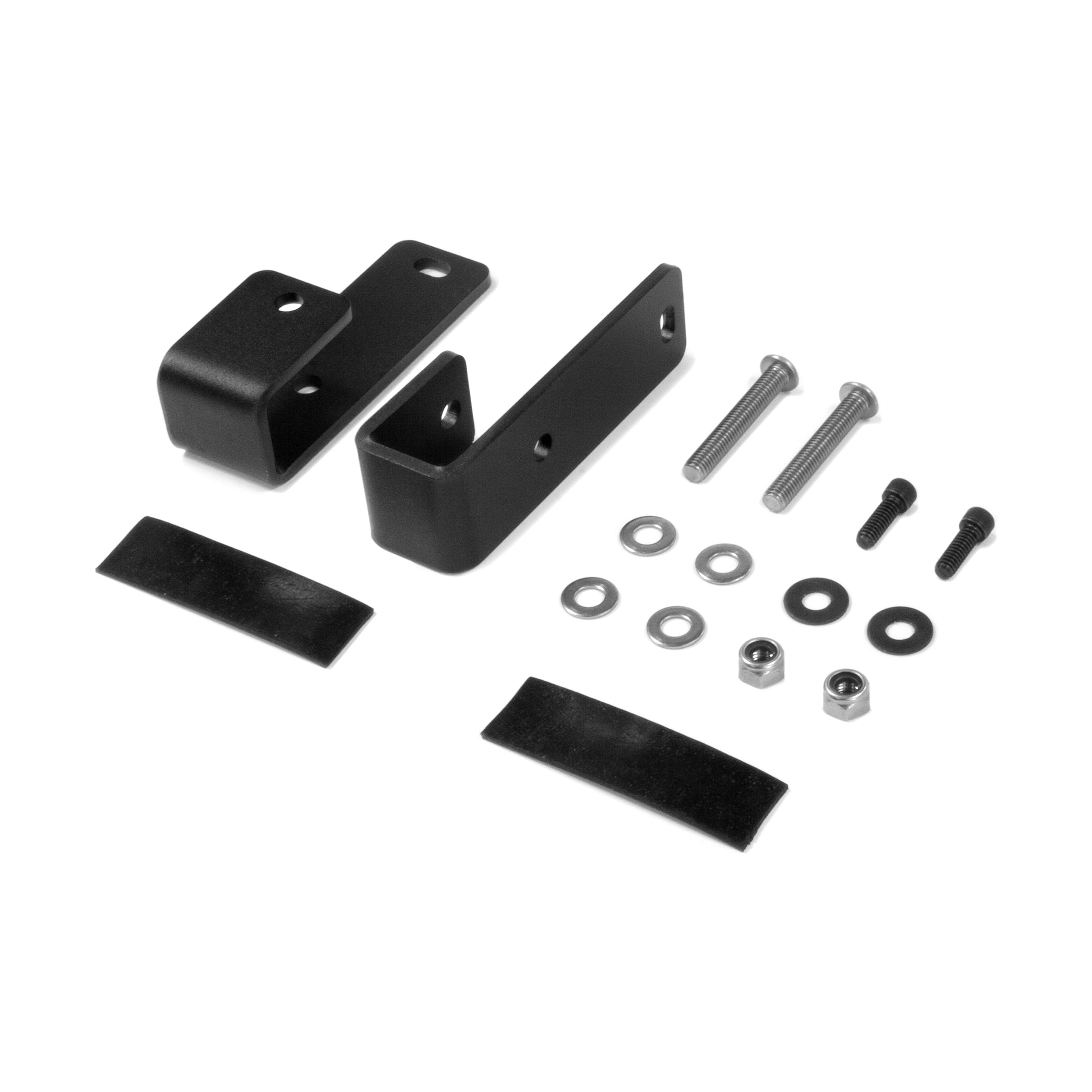 The V6 J-Hook Mounts by EcoXGear include two black metal brackets, two long bolts, two short screws, washers, nuts, and two adhesive foam strips, all neatly arranged on a white background.