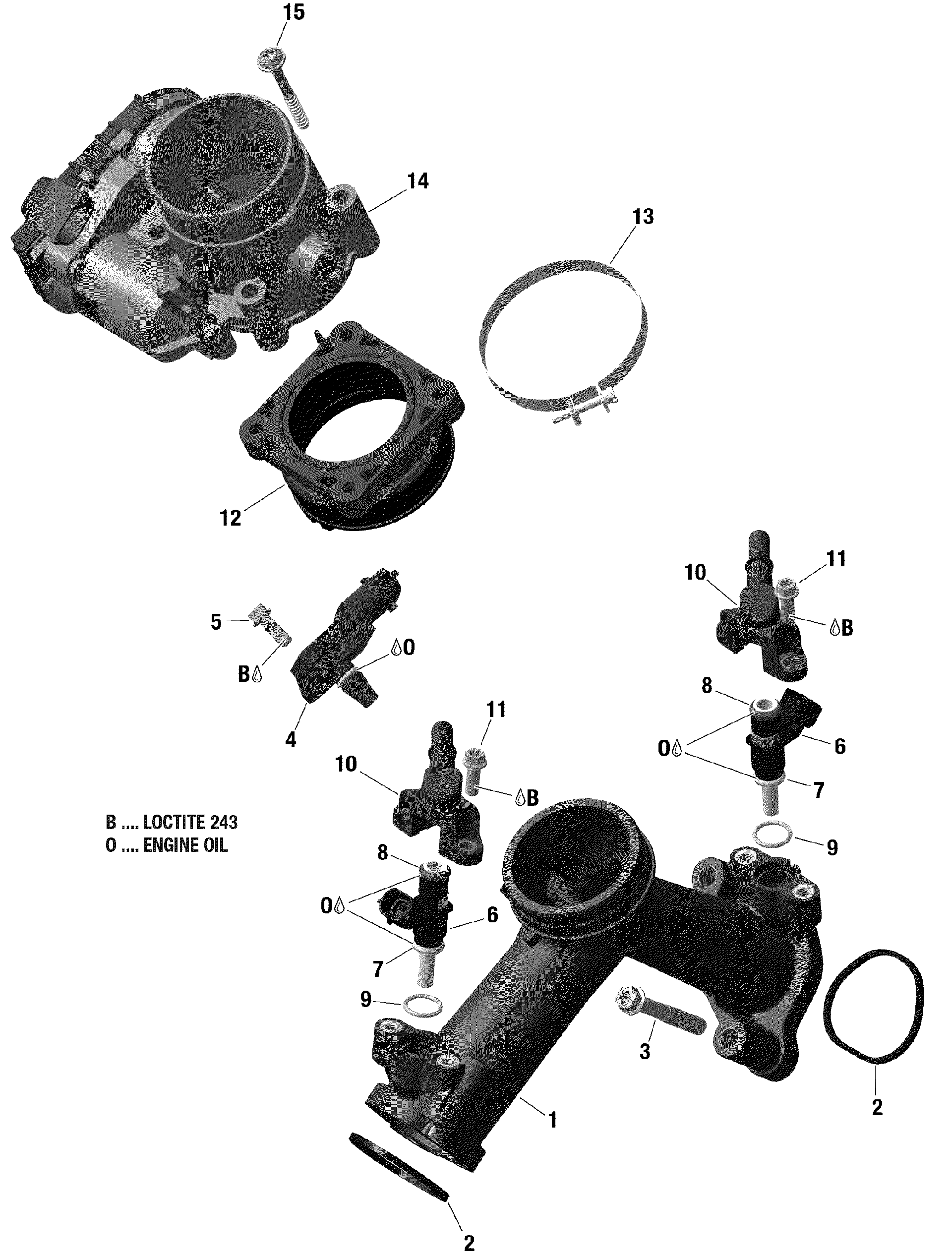 An Image of a Genuine Can-Am Parts Schematic Diagram showing the schematic - ROTAX - AIR INTAKE MANIFOLD AND THROTTLE BODY
