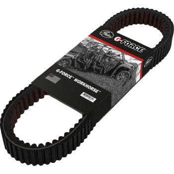 A CFMoto G-Force / Polaris Workhorse Drive Belt by Gates shown in packaging, featuring a black textured aramid cord belt and a label with branding, vehicle image, and an American flag icon.