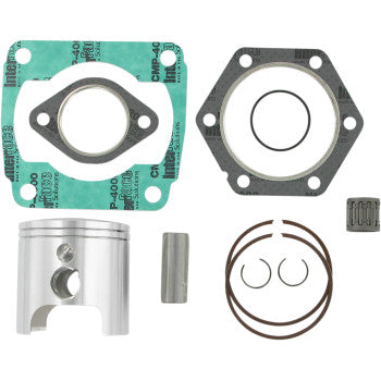 Silver cylindrical piston with two circular cutouts, green and gray gaskets, two piston rings, a small cylindrical pin, a.