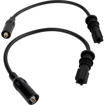Two black spark plug wires with rubber connectors and metal clips, designed for offroad vehicle use.