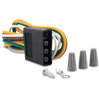 The 18 Trailer Wiring Harness 4 Way by Optronics Inc. has a black connector, yellow, green, and white wires, three gray wire nuts, a screw, and a metal ring terminal shown on a white background.