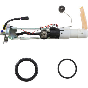 The Polaris Fuel Pump Module by Moose Offroad is shown with two circular rubber seals on a white background—features include attached wires, a float arm, and connectors, making it an ideal replacement fuel pump for your vehicle.