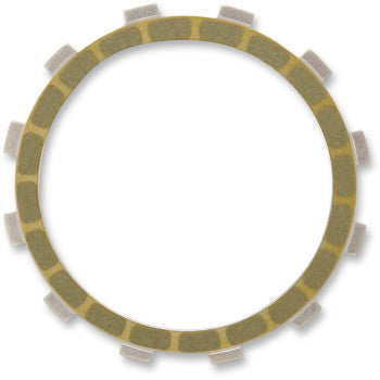 The Clutch Friction Plate by Barnett is a heavy-duty metal disc with notched tabs and a textured surface in light and dark greenish-brown segments, designed for use with steel drive plates.