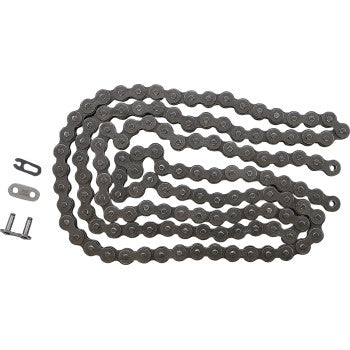 The 420 Standard Drive Chain 130 Links by Did, made of alloy steel, is arranged in a zigzag on a white background, with its master link and two connecting pins placed alongside.