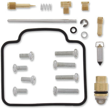 The Suzuki Carburetor Repair Kit by Moose Offroad includes screws, jets, NBR rubber O-rings, a gasket, needle valve, spring, and other small metal parts arranged neatly on a white background.
