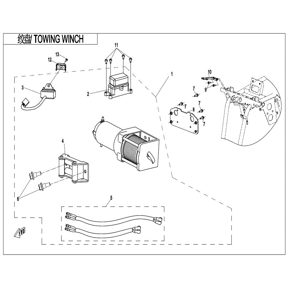 An Image of a genuine CFMOTO Parts Schematic Diagram showing the group - TOWING WINCH - 2021 CFMOTO CFORCE 400
