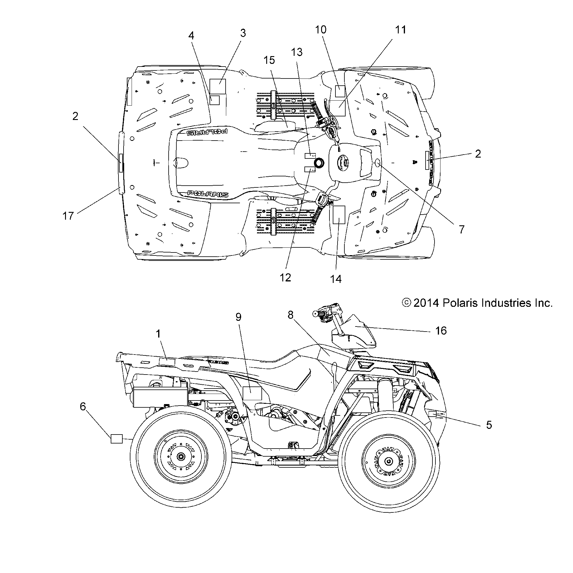 An Image of a Genuine Polaris Parts Schematic Diagram showing the schematic - BODY: DECALS - 2015 POLARIS SPORTSMAN ETX EFI