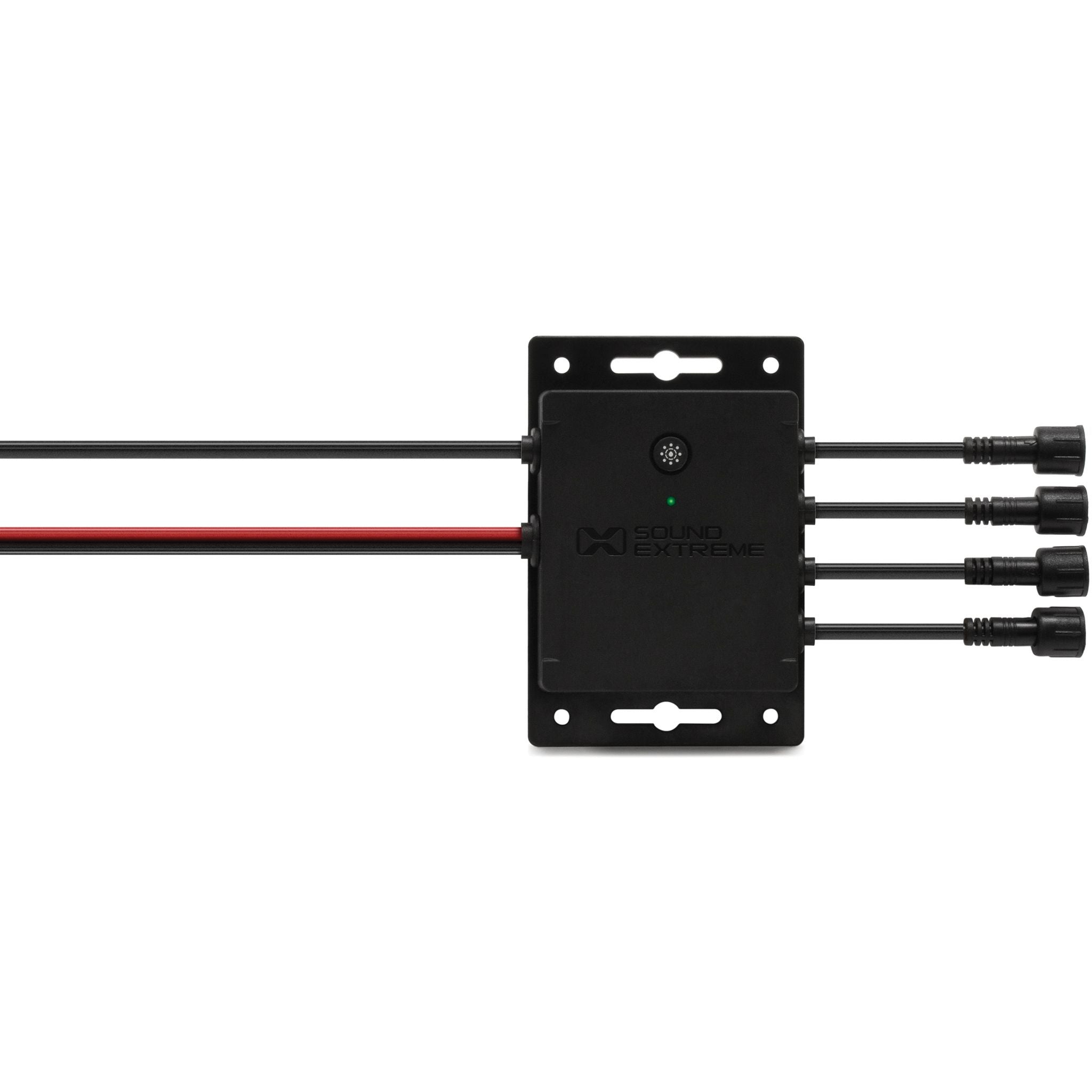 Black rectangular 4-Zone Light Controller by EcoXGear with three cables on the right, two thick red and black power cables on the left, mounted on a flat surface. A small green LED is illuminated for easy installation.