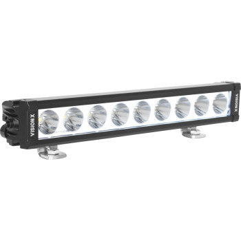 The Light Bar XPL 13" LED Clear Lens by Vision X is a rectangular LED light bar with ten circular lights in a row, CREE LED spot beam technology, black housing, and metal mounting brackets at each end.