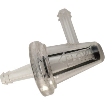 The Fuel Filters 6mm Slim20 Pack by Parts Unlimited features clear plastic inline filters with check valves and arrow-labeled FLOW direction, dual-angle hose connectors, and E85 compatibility for versatile low-pressure fuel applications.