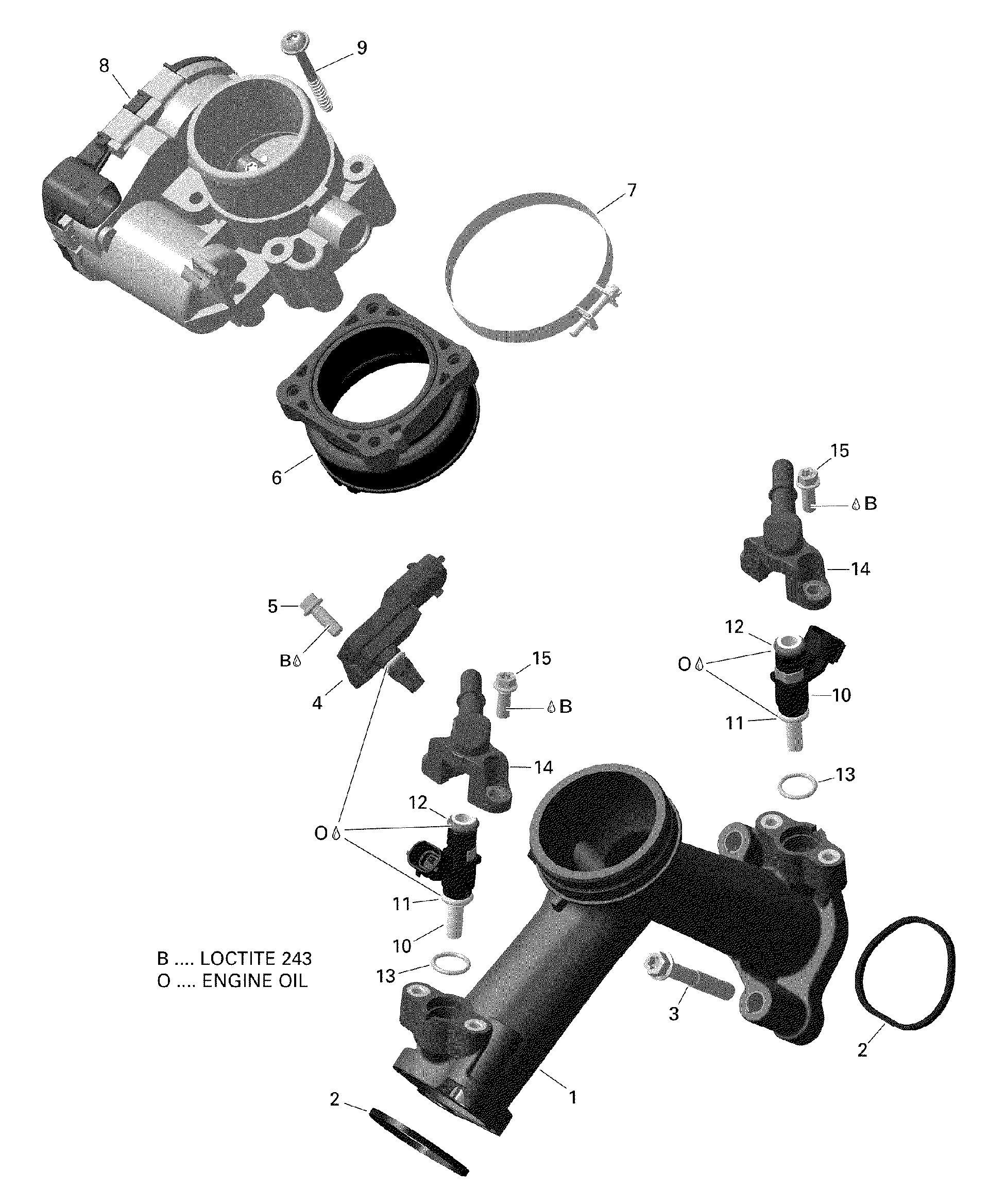 An Image of a Genuine Can-Am Parts Schematic Diagram showing the schematic - ROTAX - AIR INTAKE MANIFOLD AND THROTTLE BODY