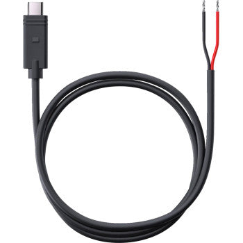 The Hardwire Cable 12 V SPC+ by Sp Connect is a black USB-C cable with a USB-C connector on one end and stripped red and black wires on the other, perfect for custom electronics or wiring to a motorcycle battery.