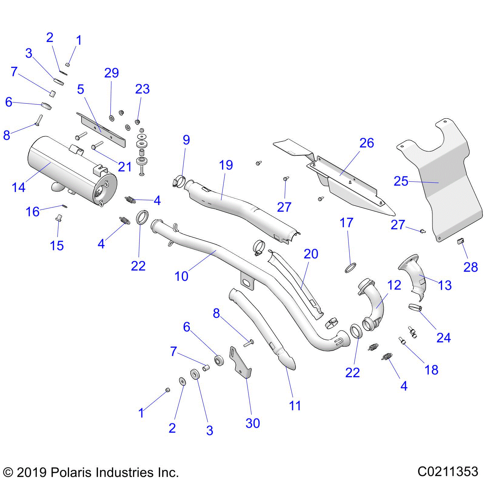An Image of a Genuine Polaris Parts Schematic Diagram showing the schematic - ENGINE: EXHAUST - 2020 POLARIS SPORTSMAN 570 EPS