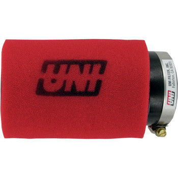 The 2 Stage Pod Air Filter Angled by Uni Filter is a red cylindrical foam filter with a black UNI logo and metal clamp—perfect for carburetors and improved engine protection.