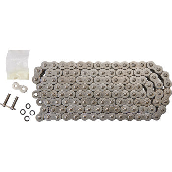 The 530 X1R Heavy Duty Drive Chain 116 Links by JT Chains is shown laid flat with two bolts, two O-rings, a small bag of white lubricant, and a connecting link beside it—ideal for high-performance motorcycle power transfer.