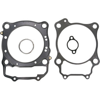 Two black gaskets from the Honda Big Bore Cylinder Gasket Kit by Cylinder Works, featuring multiple bolt holes and a metallic ring in the left gasket, are shown side by side on a white background.