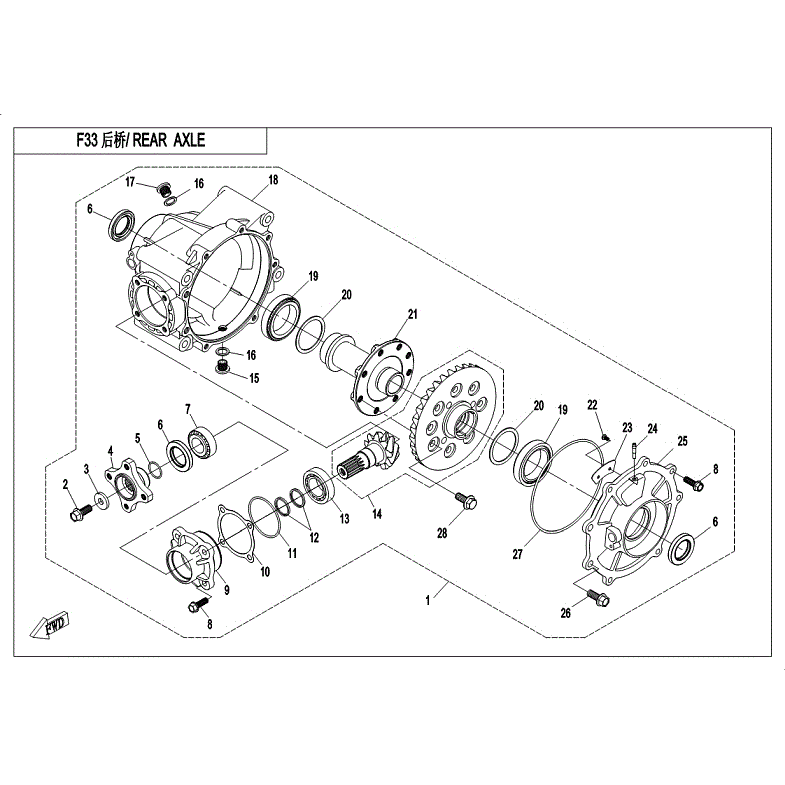 An Image of a Genuine CFMOTO Parts Schematic Diagram showing the schematic - REAR DIFFERENTIAL (2018) - 2018 CFMOTO ZFORCE 500