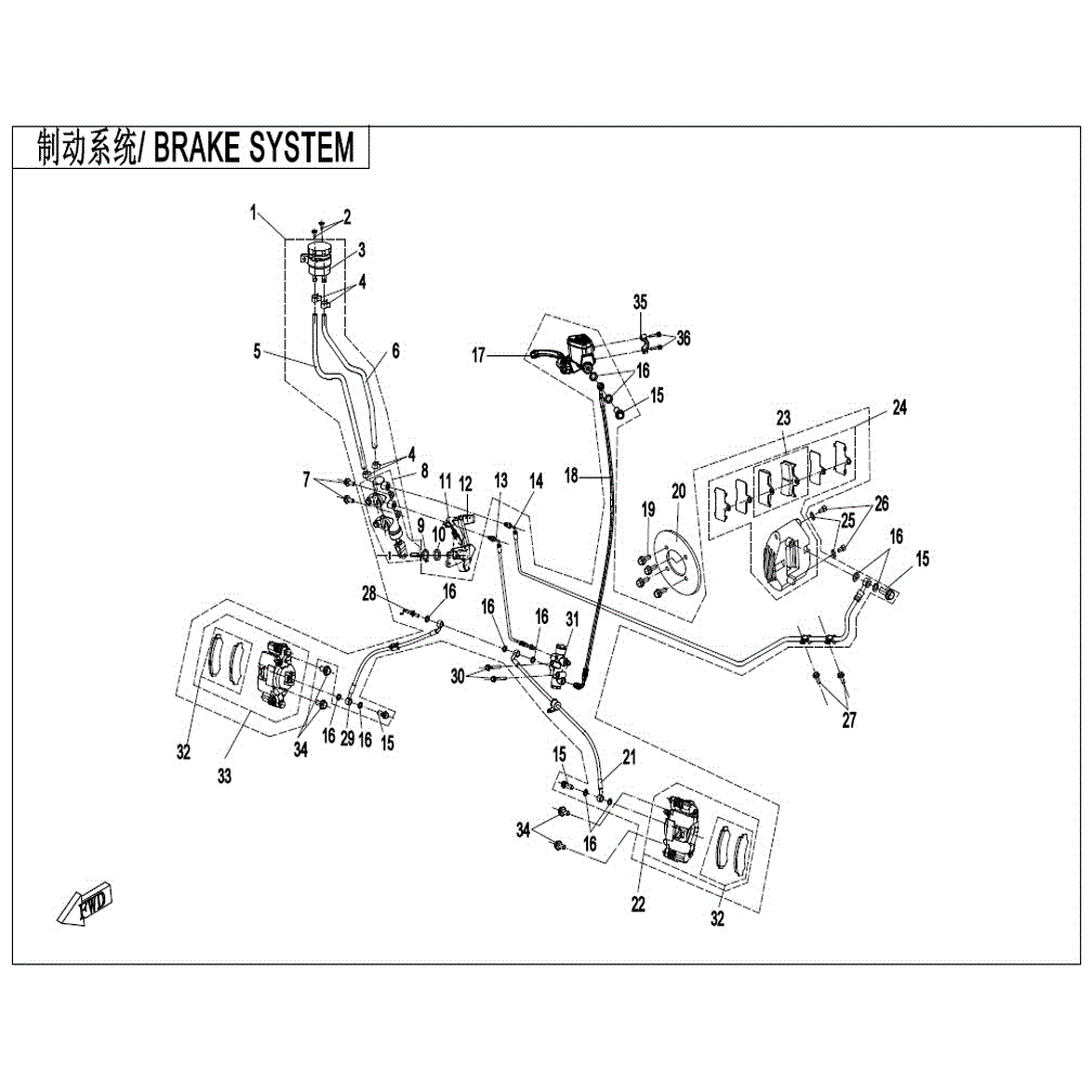 An Image of a genuine CFMOTO Parts Schematic Diagram showing the group - BRAKE SYSTEM - 2021 CFMOTO CFORCE 400