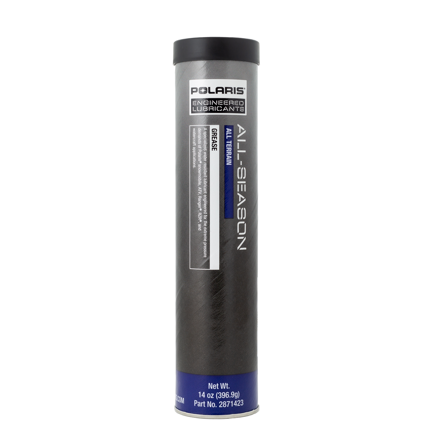 Tall cylindrical black tube with blue label and Polaris branding for all-season grease 14 oz.