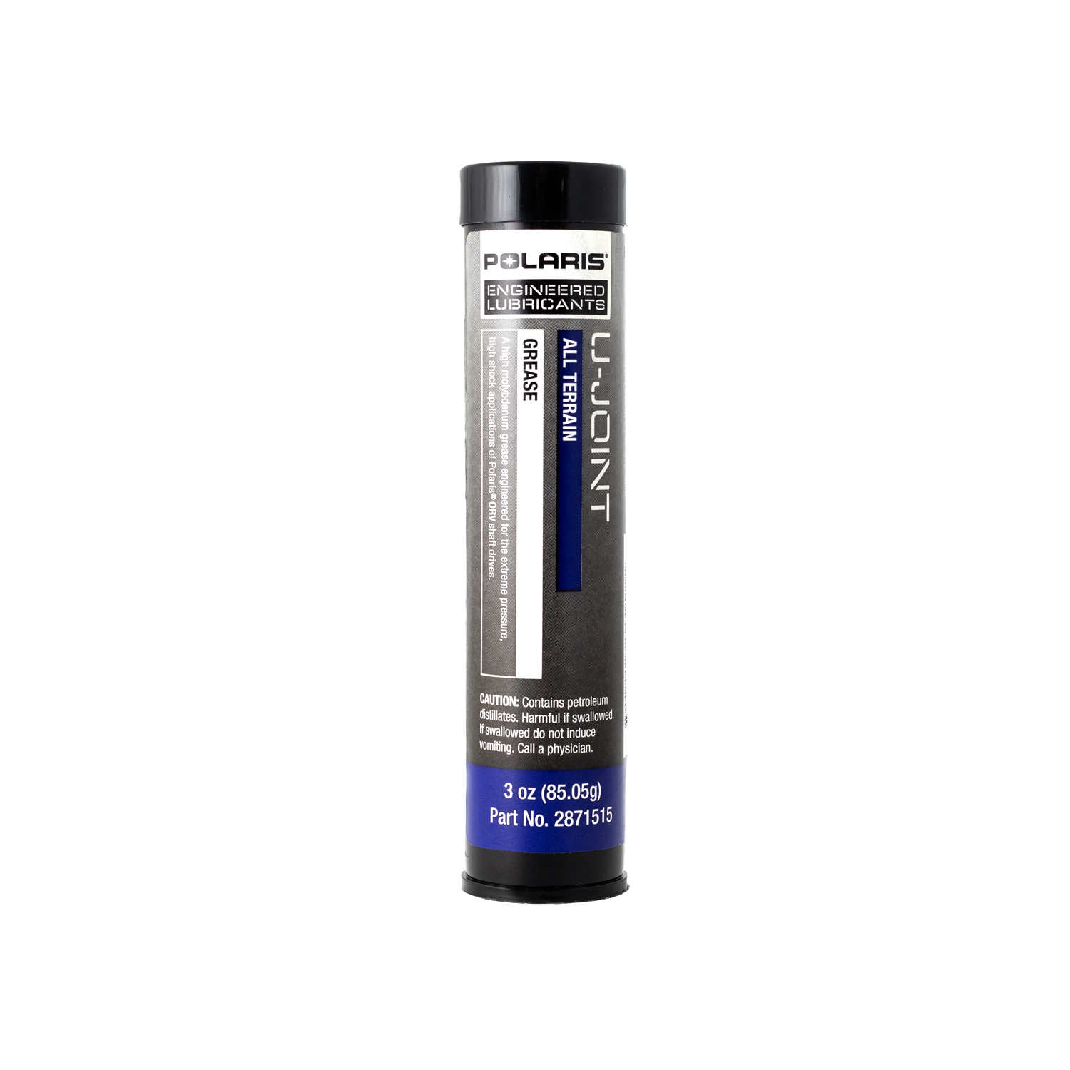 Black and gray cylindrical tube of Polaris Case Lube Premium U-Joint grease, 3 oz.
